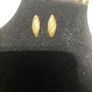 Gold Tone Pierced Earrings Studs. Almond Shape, 2 Rows of Sparkle Accents
